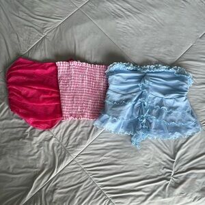 SHEIN Red, Pink, and Blue Bandeau Crop Tops Gingham Lace Ruffle Tops Bundle